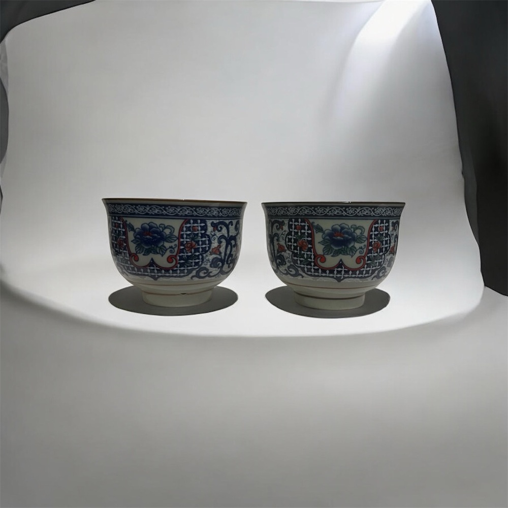 Porcelain Chinese Style Tea Cups- 2 Set Blue and White